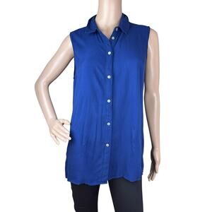 Fever Size M Blue Sleeveless Button Up Blouse Collared High-Low Asymmetric Hem
